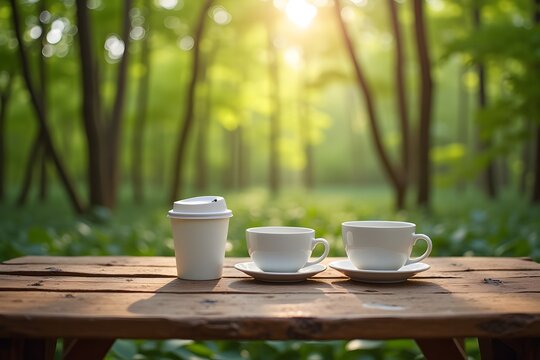 Coffee cups on wooden table in sunlit forest setting