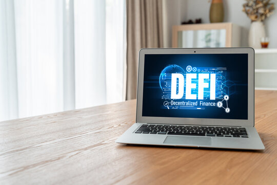 Decentralized finance or DeFi concept on modish computer screen . The defi system give new choice of investment and money saving .