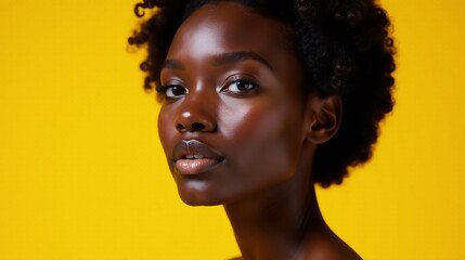 The image showcases a person with a natural, unprocessed appearance against a vibrant yellow background.