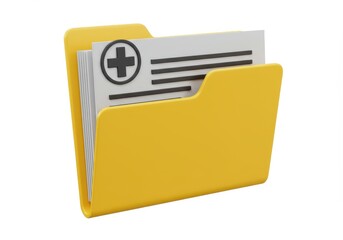 A 3D rendered yellow file folder containing medical documents