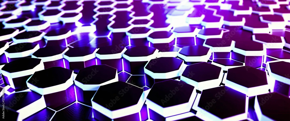 Poster abstract technological background made of white hexagons with purple glow. seamless loop