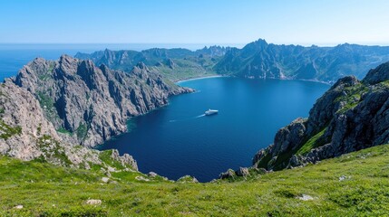 Mountaintop view of a secluded bay with a cruise ship, bright sunny day