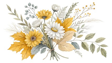 Obraz premium Watercolor floral illustration - wildflowers bouquet set. Autumn fall dried flowers leaves. Wedding invitations, greetings, wallpapers, fashion, background texture, wrapping. Yellow white silver dull.