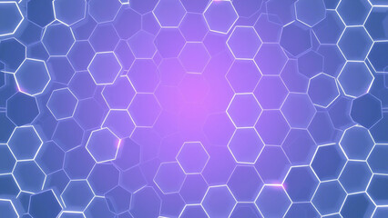  Abstract technological background made of white hexagons with purple glow. Seamless loop
