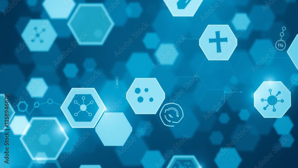 Poster abstract technological background made of white hexagons with purple glow. seamless loop