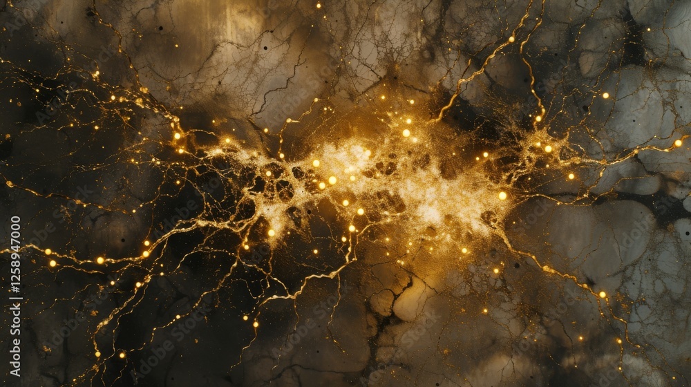 Poster a stunning abstract representation of a golden neural network, symbolizing connections, intelligence