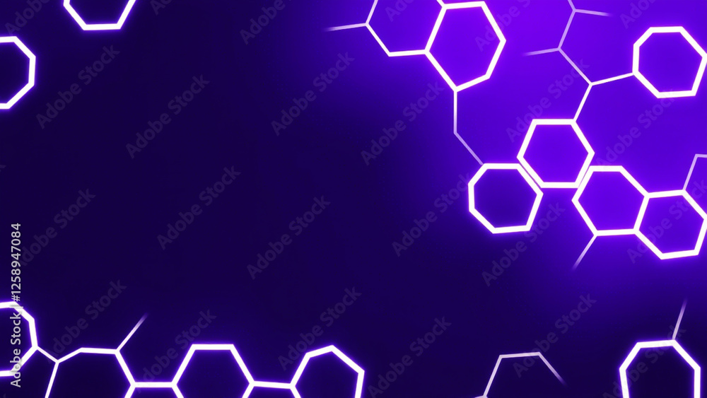 Poster abstract technological background made of white hexagons with purple glow. seamless loop