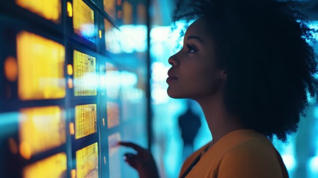 Focused African Woman Inspecting Digital Screens at Night
