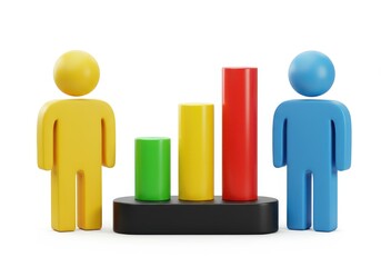 A 3D rendered illustration of two stylized human figures one in yellow and the other in blue standing next to a black platform with three vertical bars