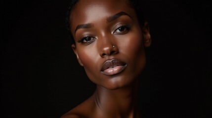 Fototapeta premium A serene, dark-toned portrait of a model with a piercing nose ring.