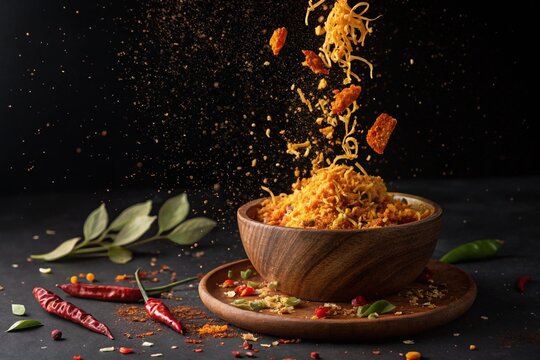 Dramatic high-speed capture of exploding spicy snacks with chili and herbs