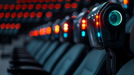 Rows of futuristic theater seats equipped with glowing robotic headrests, showcasing innovative design in a cinematic setting. AI generated.