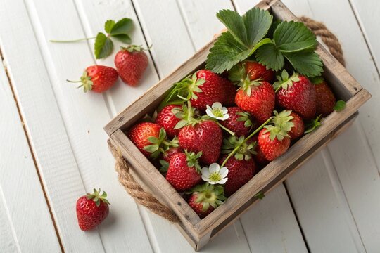 Fresh ripe strawberries in a rustic wooden crate on a white wooden table