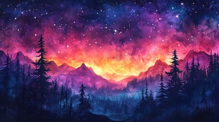 Naklejka premium Watercolor Landscape of Mountains and Forest Under a Starry Sky