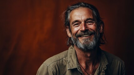 Fototapeta premium Smiling older man portrait, friendly expression, with a warm and inviting light