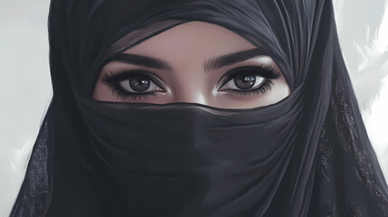 Naklejka premium Arab woman with black hijab covering her face. Veil Between Worlds. Illustration