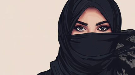 Naklejka premium Arab woman with black hijab covering her face. Veil Between Worlds. Illustration