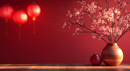 Red Lanterns and Cherry Blossoms on a Wooden Table Against a Red Wall