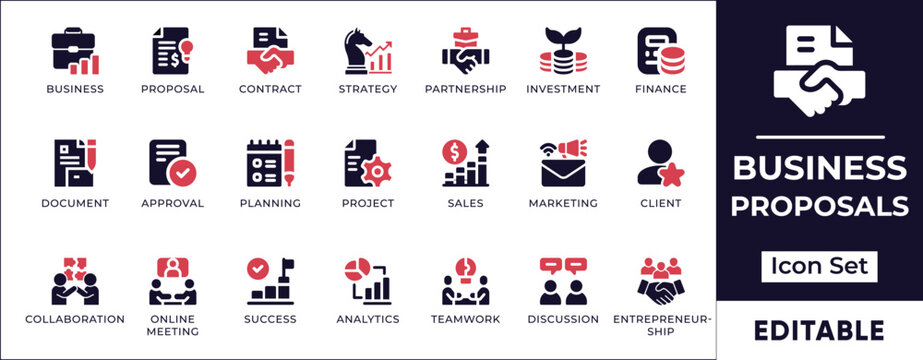 Business proposals icon set. Featuring approval, collaboration, contract, deal, discussion, document, funding, and leadership. Perfect for business and corporate projects.