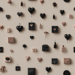 Seamless romantic pattern with black and beige gifts, hearts, and roses – luxury elegant background for Valentine's Day and wedding design