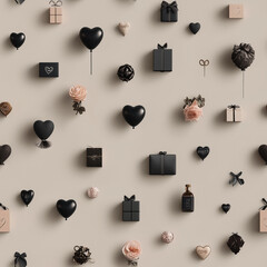 Seamless romantic pattern with black and beige gifts, hearts, and roses – luxury elegant background for Valentine's Day and wedding design