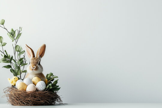 Osterhase auf einem Nest mit bunten Eiern f&uuml;r das Osterfest

