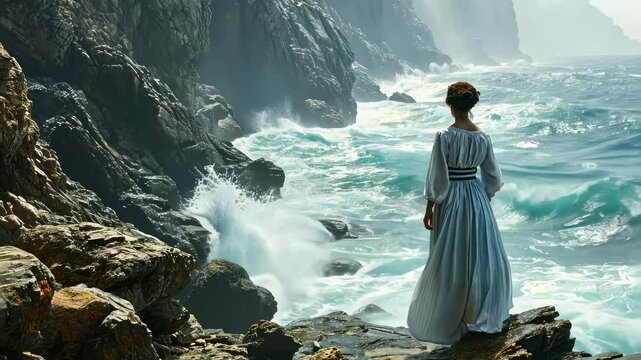 Nostalgic sea romance: feminine silhouette, dynamic water movement, neoclassicism influence, baroque aesthetics, rococo details, medieval nostalgia, maritime wonder, historical inspiration.