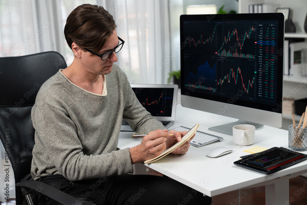 Poster smart businessman trader in casual day analyzing with profit value of dynamic increased stock exchan
