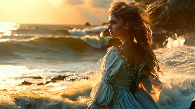 Nostalgic sea romance: feminine silhouette, dynamic water movement, neoclassicism influence, baroque aesthetics, rococo details, medieval nostalgia, maritime wonder, historical inspiration.