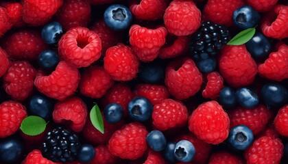 Close-up image of fresh, ripe blueberries and raspberries with leaves arranged in seamless pattern.