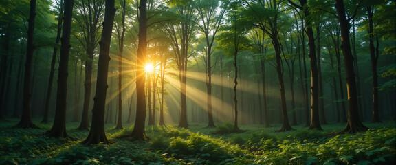 Wide panoramic background image, natural scenery photo of sunrise beams coming through inside a rain forest trees shade in a sunny day morning