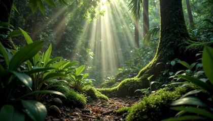 Mystical sunlight filtering through lush green forest