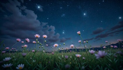 Pink Flowers Under Starry Night Sky