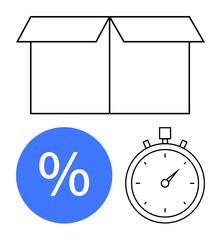 Cardboard box, blue percentage symbol, and stopwatch. Ideal for promotions, sales deadlines, efficient delivery, time management, ecommerce logistics and urgency. Abstract line flat metaphor