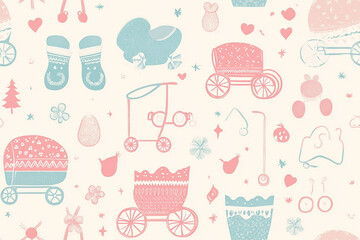 Minimalistic pattern with baby carriages, booties and pacifiers in soft pink and blue tones, patterns