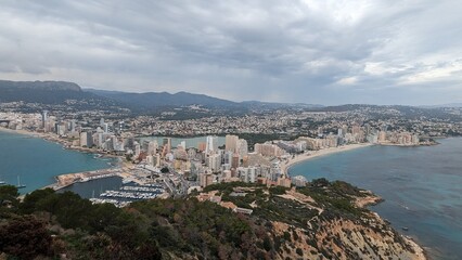 Fototapeta premium spain, calp, view, city, panorama, town, urban, building, panoramic, europe, tourism, water, landscape, sea, travel, coast, summer, village, vacation, nature, mountain