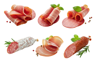 Various types of cured meats including prosciutto, salami, and ham, displayed with herbs spices