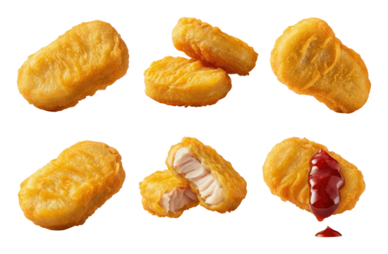 Variety of chicken nuggets in different arrangements, with one dipped ketchup