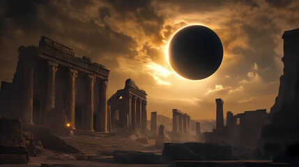Obraz premium Majestic solar eclipse over ancient temple ruins, photorealistic,. Solar Eclipse Temples. Illustration