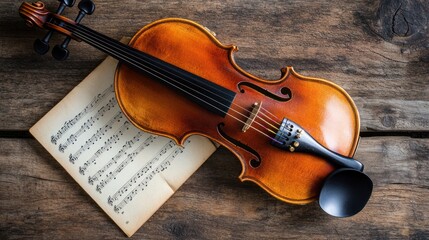 Violin on Old Wood Sheet Music Background Warm Rustic Style