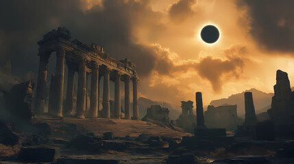Fototapeta premium Ruins of an ancient civilization under an eerie solar eclipse. Solar Eclipse Temples. Illustration