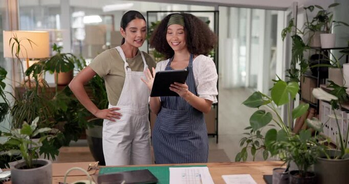 Business women, florist and team with tablet for discussion, planning or eco friendly production at online store. Female people, environmentalist or colleagues with technology for garden design plan