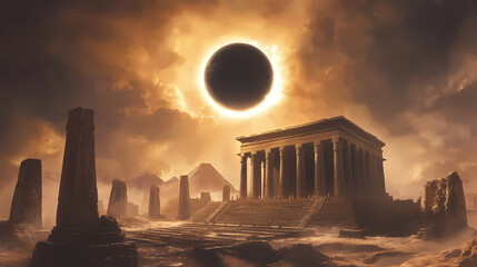Fototapeta premium Solar eclipse, with ancient civilizations. Solar Eclipse Temples. Illustration