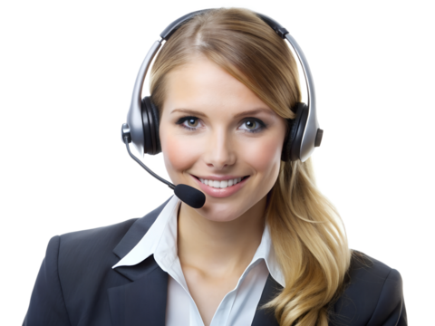 Young business woman telephone operator hotline worker customer support service manager with headset isolated on a white background copy space. Call center concept 