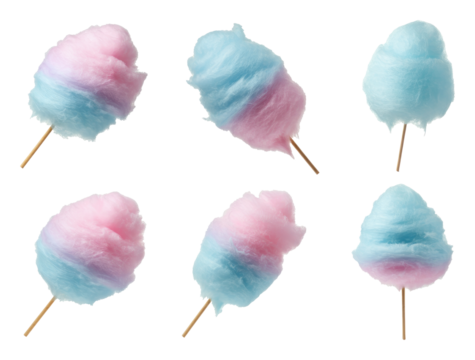 Fluffy pink and blue cotton candy on sticks, isolated transparent background