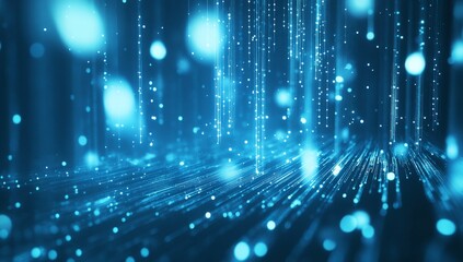 Blue digital rain, particles, data flow, dark background, tech visuals