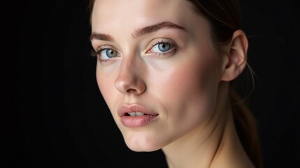 Fototapeta premium Elegant profile of a woman with blue eyes against a dark background.