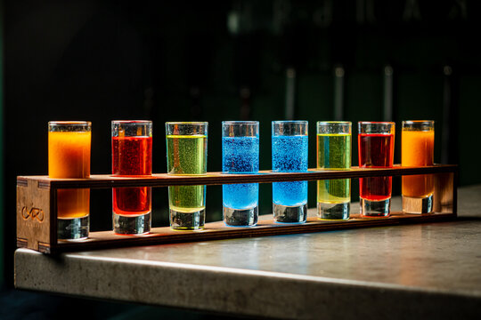 Colorful Array of Layered Shots Arranged on a Wooden Tray Creates a Vibrant Display of Mixology Artistry in a Lively Bar Setting.