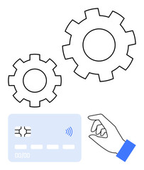 Hand interacting with credit card, two gears symbolizing process automation, efficiency, and technology. Ideal for payments, fintech, banking, innovation, technology commerce abstract line flat