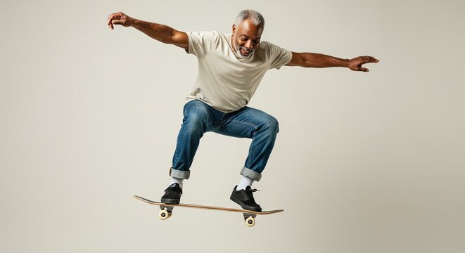 Energetic Senior Man Skateboarding Casual Wear - Active Lifestyle Image